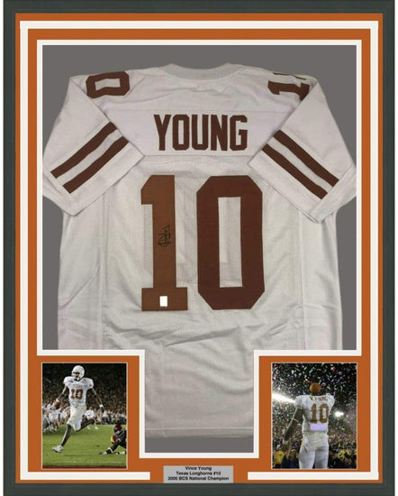 Framed Autographed/Signed Vince Young 35x39 Texas White College Football Jersey GTSM COA Holo Only
