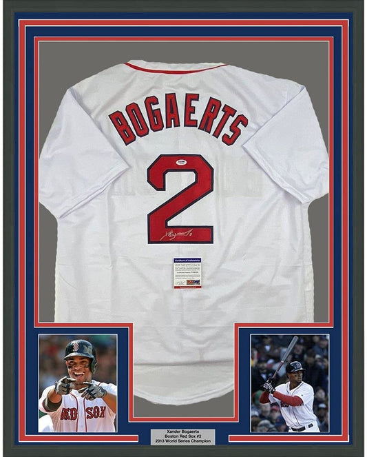 Framed Autographed/Signed Xander Bogaerts 35x39 Boston White Baseball Jersey PSA/DNA COA
