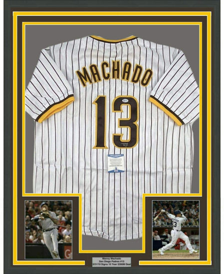 Framed Autographed/Signed Manny Machado 35x39 San Diego Pinstripe Baseball Jersey Beckett BAS COA