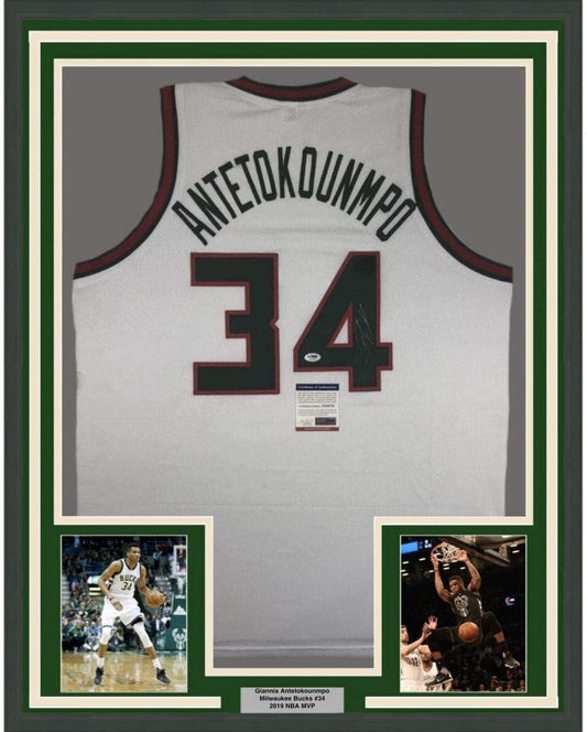 Framed Autographed/Signed Giannis Antetokounmpo 35x39 Milwaukee Retro White Basketball Jersey PSA/DNA COA