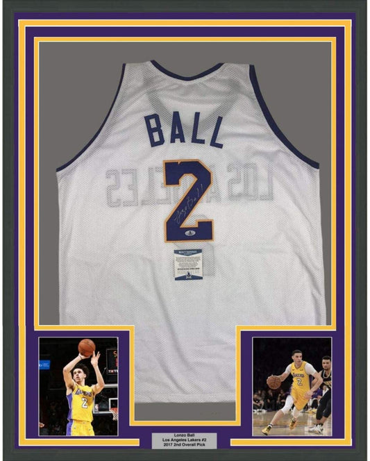 Framed Autographed/Signed Lonzo Ball 35x39 Los Angeles White Basketball Jersey Beckett BAS COA