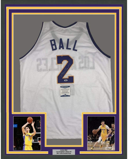 Framed Autographed/Signed Lonzo Ball 35x39 Los Angeles White Basketball Jersey Beckett BAS COA