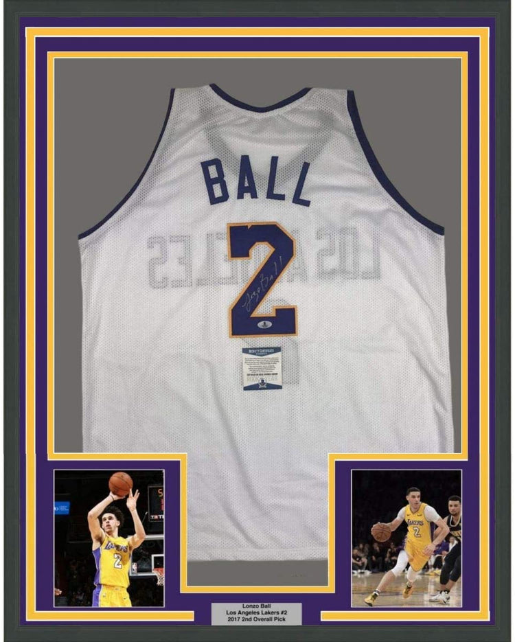 Framed Autographed/Signed Lonzo Ball 35x39 Los Angeles White Basketball Jersey Beckett BAS COA
