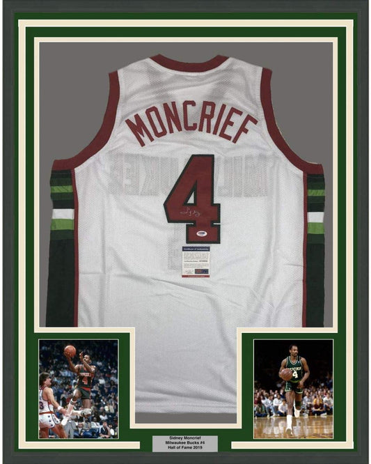 Framed Autographed/Signed Sidney Moncrief 35x39 Milwaukee White Basketball Jersey PSA/DNA COA