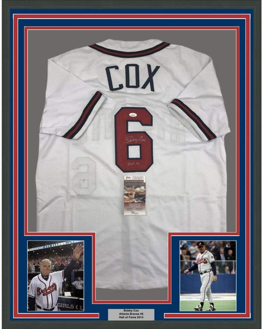 Framed Autographed/Signed Bobby Cox HOF 14 35x39 Atlanta White Baseball Jersey JSA COA