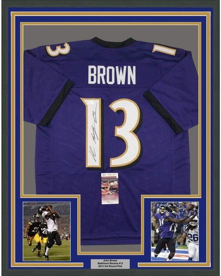 Framed Autographed/Signed John Brown 35x39 Baltimore Purple Football Jersey JSA COA