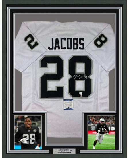 Framed Autographed/Signed Josh Jacobs 35x39 Las Vegas Oakland White Football Jersey Beckett BAS COA