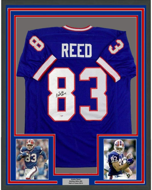 Framed Autographed/Signed Andre Reed HOF 14 35x39 Buffalo Blue Football Jersey PSA/DNA COA