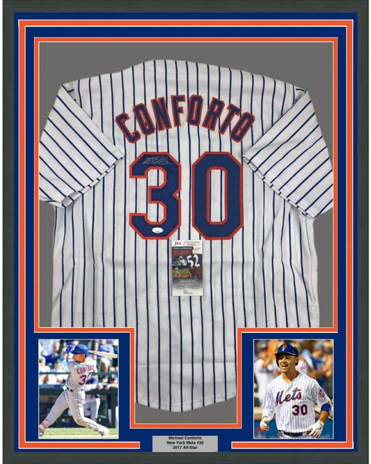 Framed Autographed/Signed Michael Conforto 35x39 New York NY Pinstripe Baseball Jersey JSA COA