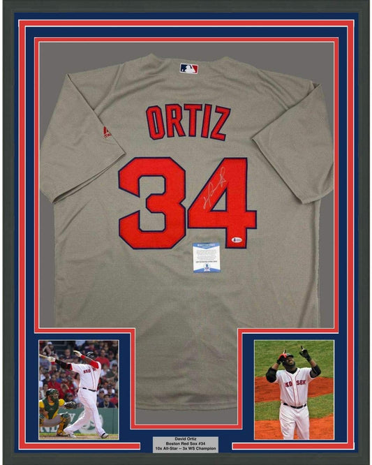 Framed Autographed/Signed David Ortiz 35x39 Boston Grey Baseball Jersey Beckett BAS COA