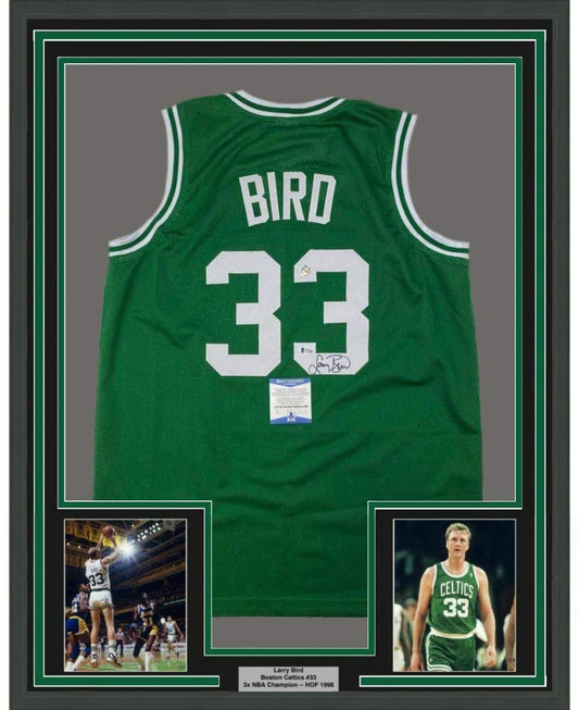 Framed Autographed/Signed Larry Bird 35x39 Boston Green Basketball Jersey Beckett BAS COA