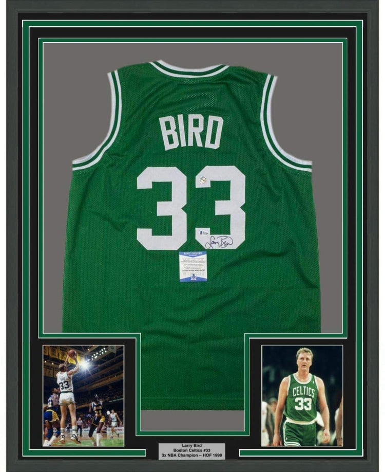 Framed Autographed/Signed Larry Bird 35x39 Boston Green Basketball Jersey Beckett BAS COA
