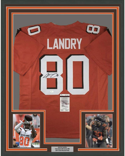 Framed Autographed/Signed Jarvis Landry 35x39 Cleveland Orange Football Jersey JSA COA