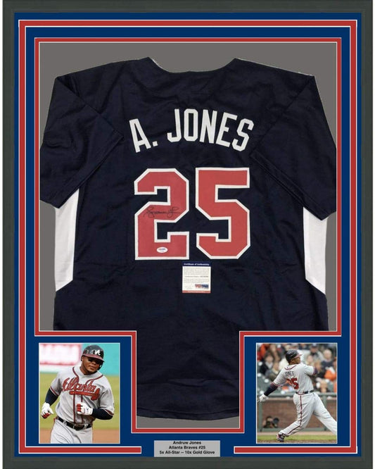 Framed Autographed/Signed Andruw Jones 35x39 Atlanta Blue Baseball Jersey PSA/DNA COA