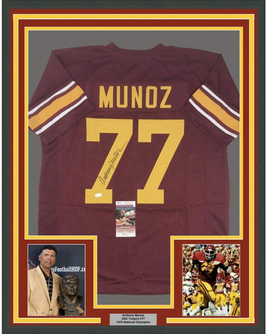 Framed Autographed/Signed Anthony Munoz 35x39 USC Maroon College Football Jersey JSA COA