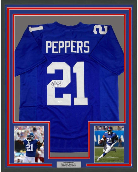 Framed Autographed/Signed Jabrill Peppers 35x39 New York Blue Football Jersey JSA COA