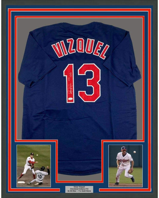 Framed Autographed/Signed Omar Vizquel 11x GG 35x39 Cleveland Blue Baseball Jersey JSA COA