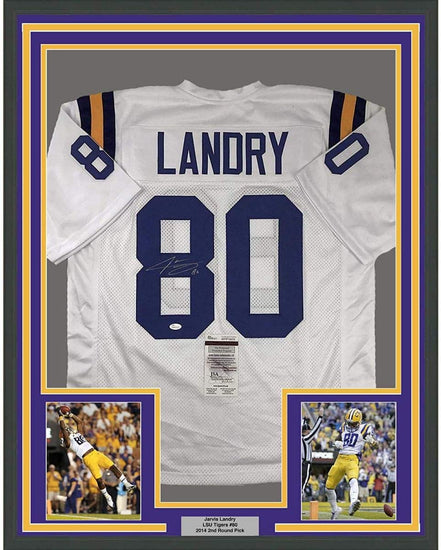 Framed Autographed/Signed Jarvis Landry 35x39 LSU Tigers White College Football Jersey JSA COA