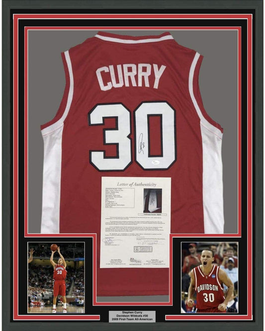 Framed Autographed/Signed Stephen Steph Curry 35x39 Davidson Wildcats Red Basketball Jersey JSA COA/LOA