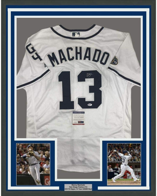 Framed Autographed/Signed Manny Machado 35x39 San Diego White Baseball Jersey PSA/DNA COA