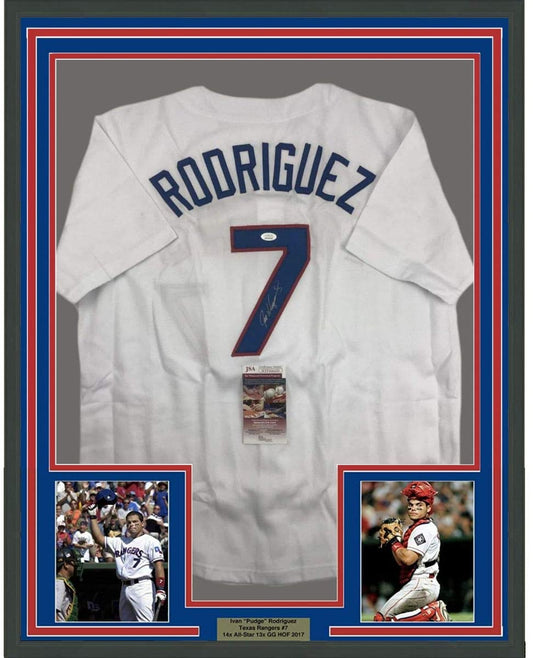 Framed Autographed/Signed Ivan Pudge Rodriguez 35x39 Texas White Baseball Jersey JSA COA