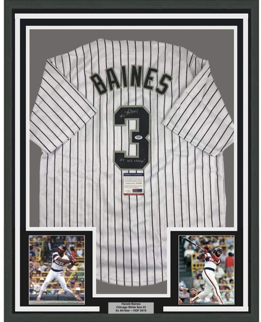 Framed Autographed/Signed Harold Baines 05 WS Champs 35x39 Chicago Pinstripe Baseball Jersey PSA/DNA COA