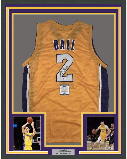 Framed Autographed/Signed Lonzo Ball 35x39 Los Angeles Yellow Basketball Jersey Beckett BAS COA