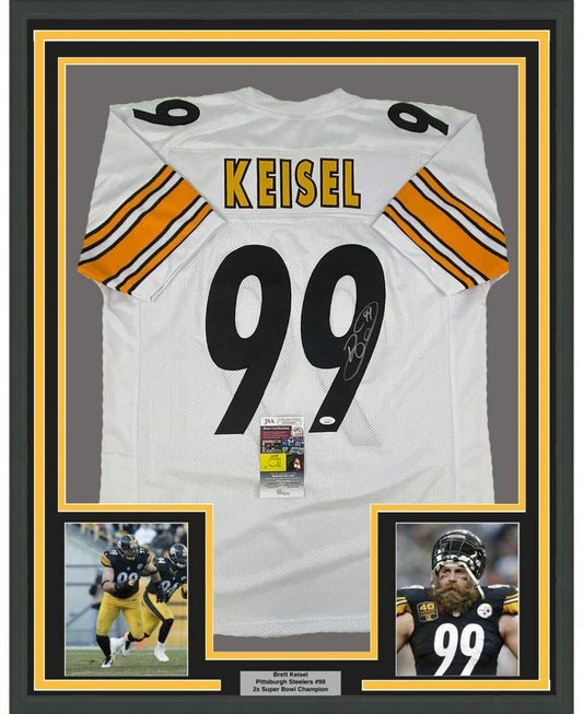 Framed Autographed/Signed Brett Keisel 35x39 Pittsburgh White Football Jersey JSA COA