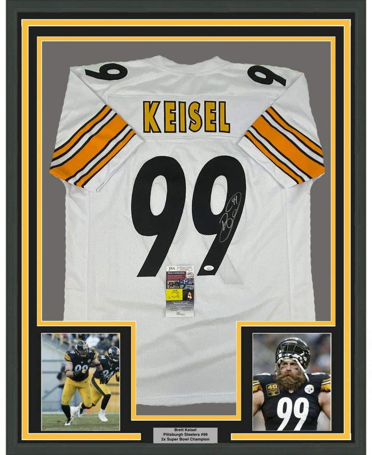 Framed Autographed/Signed Brett Keisel 35x39 Pittsburgh White Football Jersey JSA COA
