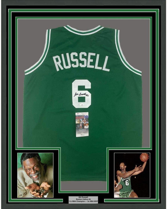 Framed Autographed/Signed Bill Russell 35x39 Boston Green Basketball Jersey JSA COA