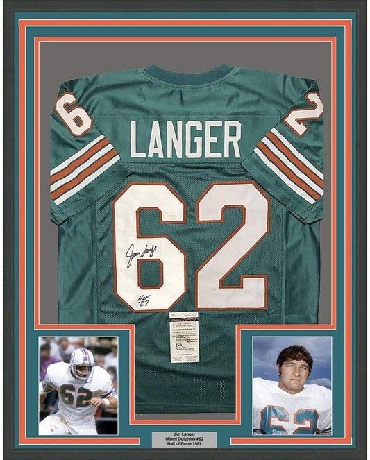 Framed Autographed/Signed Jim Langer"HOF 87" 35x39 Miami Dolphins Teal Football Jersey JSA COA