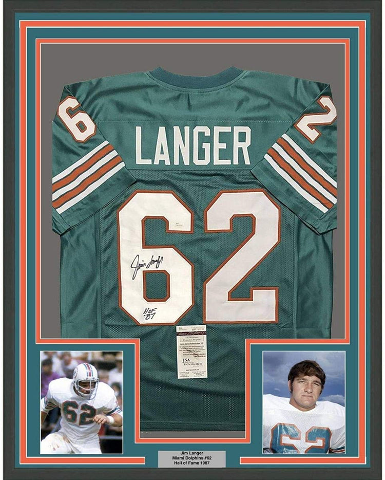 Framed Autographed/Signed Jim Langer"HOF 87" 35x39 Miami Dolphins Teal Football Jersey JSA COA