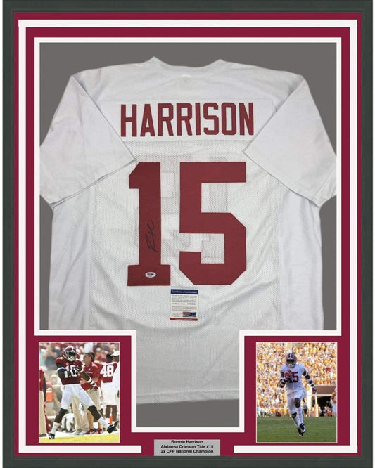 Framed Autographed/Signed Ronnie Harrison 35x39 Alabama White College Football Jersey PSA/DNA COA