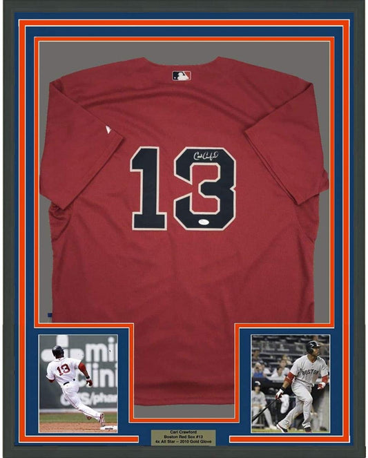 Framed Autographed/Signed Carl Crawford 35x39 Boston Red Baseball Jersey JSA COA Holo Only