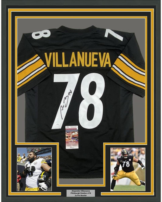 Framed Autographed/Signed Alejandro Villanueva 35x39 Pittsburgh Black Football Jersey JSA COA