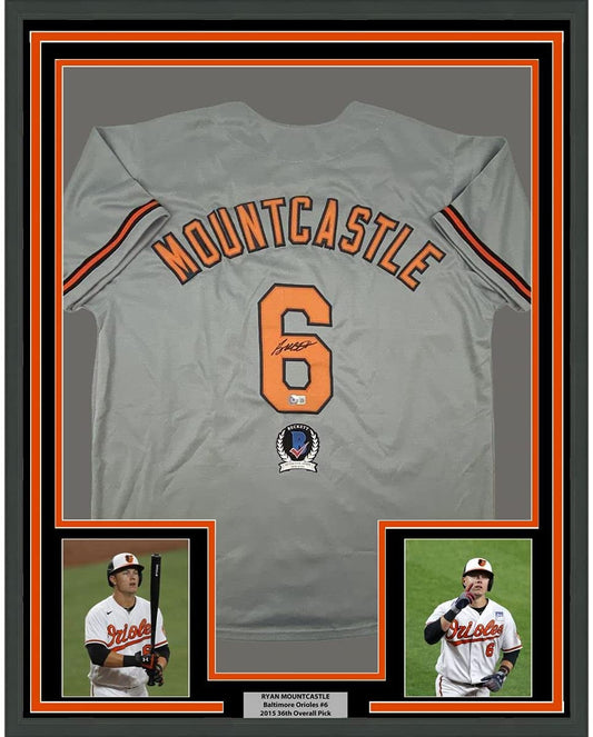 Framed Autographed/Signed Ryan Mountcastle 35x39 Baltimore Grey Baseball Jersey Beckett BAS COA