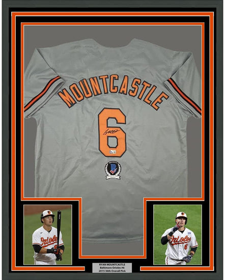 Framed Autographed/Signed Ryan Mountcastle 35x39 Baltimore Grey Baseball Jersey Beckett BAS COA