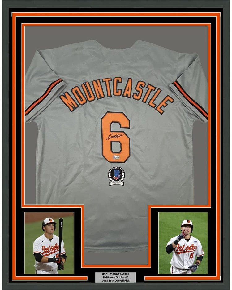 Framed Autographed/Signed Ryan Mountcastle 35x39 Baltimore Grey Baseball Jersey Beckett BAS COA