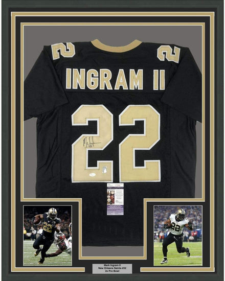 Framed Autographed/Signed Mark Ingram II 35x39 New Orleans Black Football Jersey JSA COA