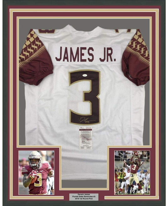 Framed Autographed/Signed Derwin James 35x39 Florida State FSU White College Football Jersey JSA COA