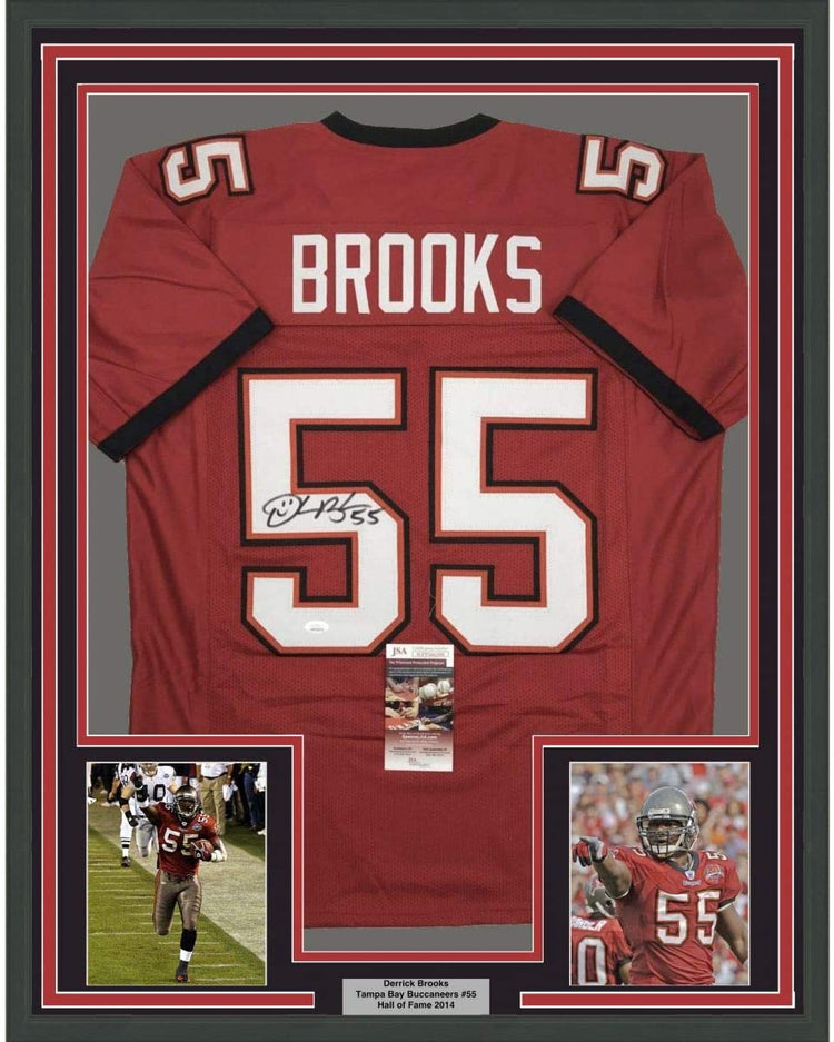 Framed Autographed/Signed Derrick Brooks 35x39 Tampa Bay Red Football Jersey JSA COA