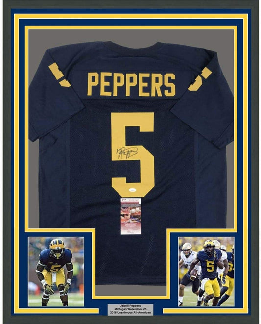 Framed Autographed/Signed Jabrill Peppers 35x39 Michigan Blue College Football Jersey JSA COA