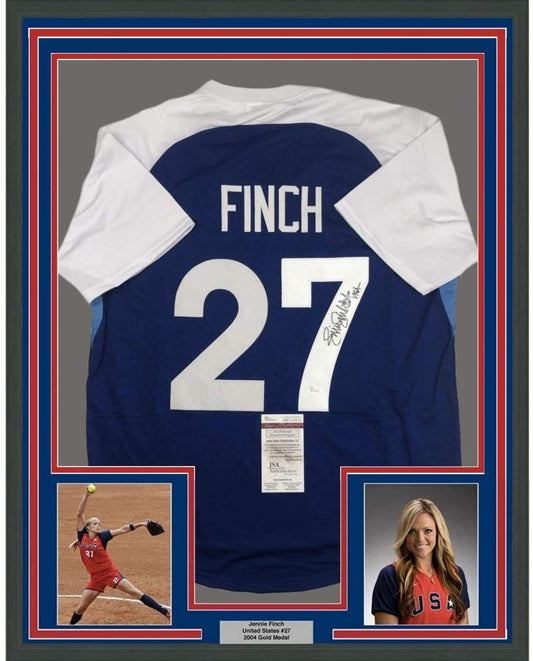 Framed Autographed/Signed Jennie Finch USA 35x39 Blue Team United States Softball Jersey JSA COA