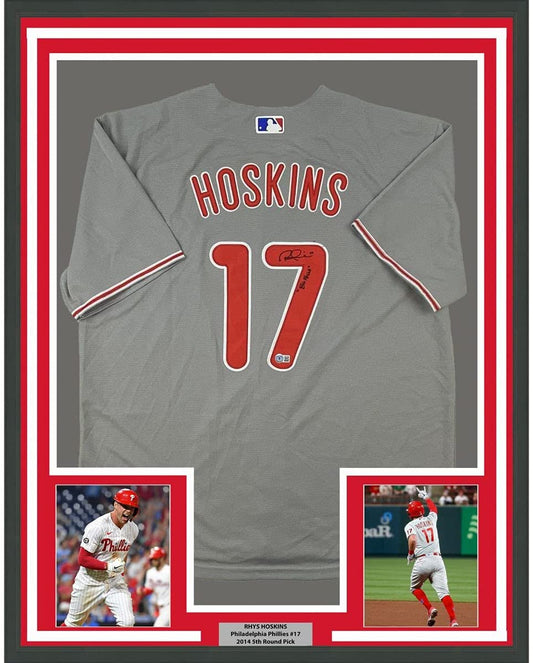 Framed Autographed/Signed Rhys Hoskins Big Fella 35x39 Philadelphia Grey Baseball Jersey Beckett BAS COA