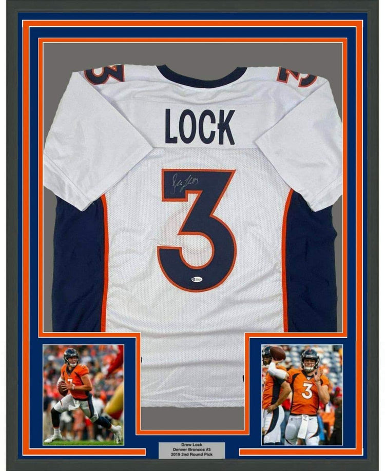 Framed Autographed/Signed Drew Lock Denver White Football Jersey Beckett BAS COA