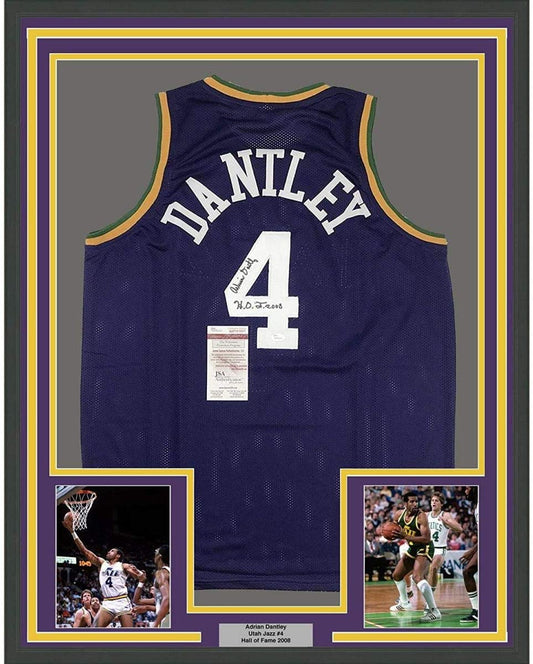 Framed Autographed/Signed Adrian Dantley"HOF 2008" 35x39 Utah Purple Basketball Jersey JSA COA