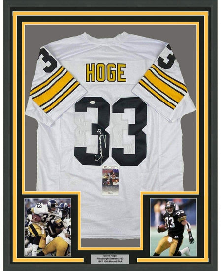 Framed Autographed/Signed Merril Hoge 35x39 Pittsburgh White Football Jersey JSA COA