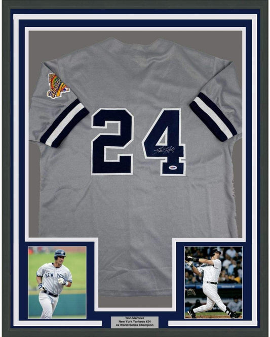 Framed Autographed/Signed Tino Martinez 35x39 New York Grey Baseball Jersey PSA/DNA COA