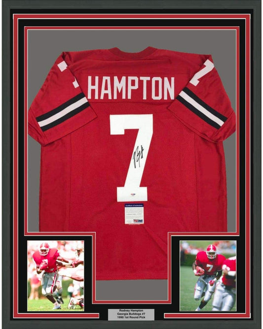 Framed Autographed/Signed Rodney Hampton 35x39 Georgia Red College Football Jersey PSA/DNA COA