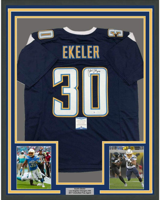 Framed Autographed/Signed Austin Ekeler 35x39 Los Angeles LA Dark Blue Football Jersey Beckett BAS COA